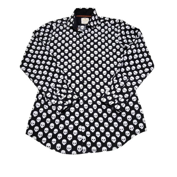 Tom Baine Mens Black Skull Halloween Dressh Shirt Slim Fit Size M 15-15.5 - Picture 2 of 9